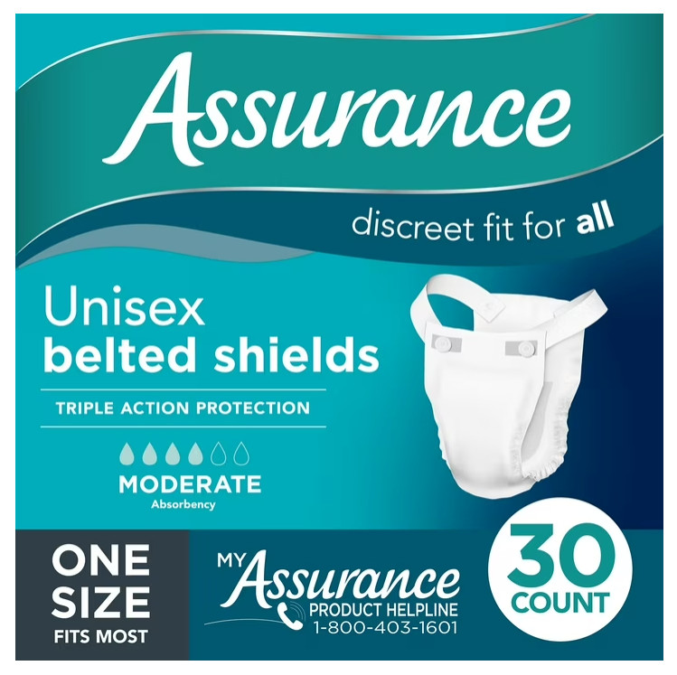Assurance Unisex Incontinence Belted Shields, Moderate Absorbency,30 Count