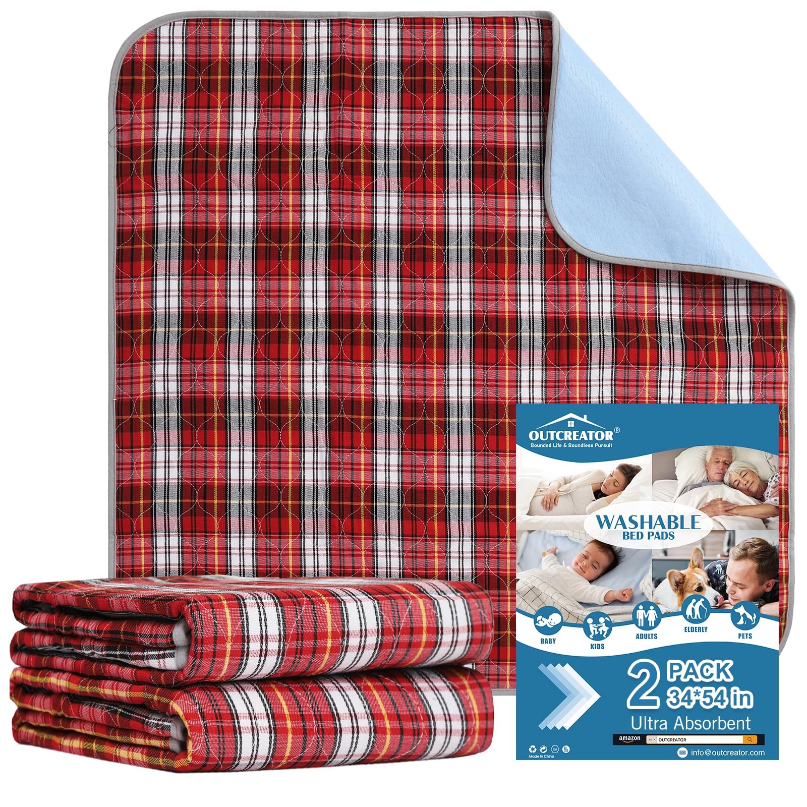 2 Pack Washable Bed Pads 34×54 Inch Red Plaid Incontinence Mattress Protector