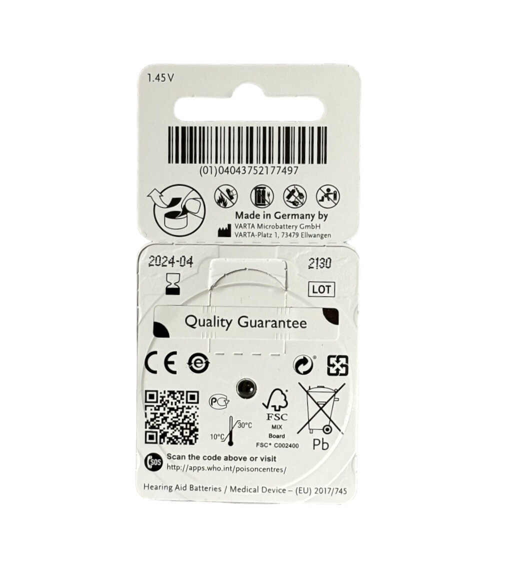 Power One Hearing Aid Batteries P10 Zinc Air Mercury Free Varta – 1 pack/6 cells
