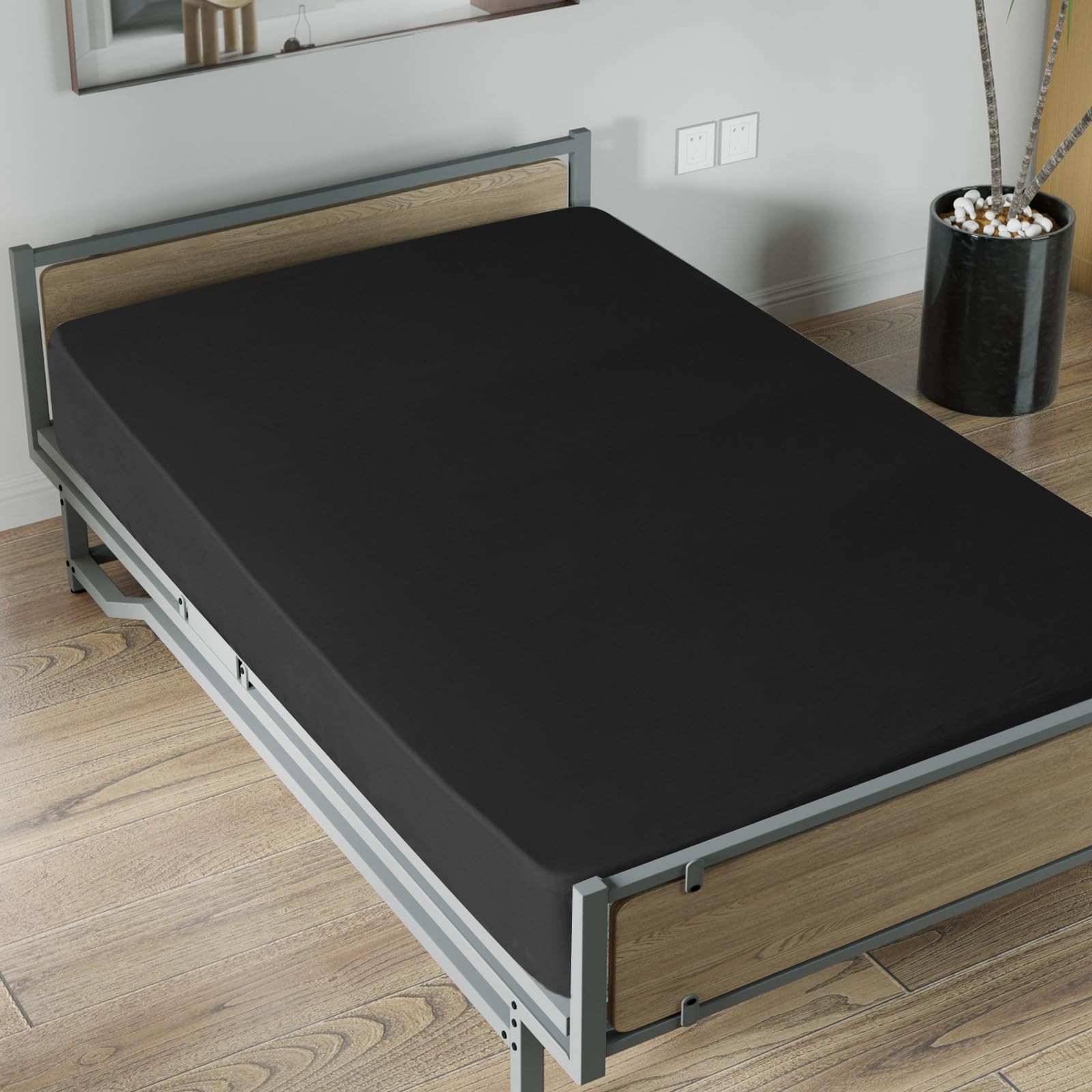 2 PCS Twin Fitted Sheets Deep Pocket 14 Inch Ultra Soft Breathable Bed Black