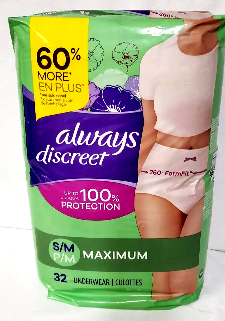 Womens Always Discreet Max Absorbency Incontinence Underwear S/M 32 Pk NIP
