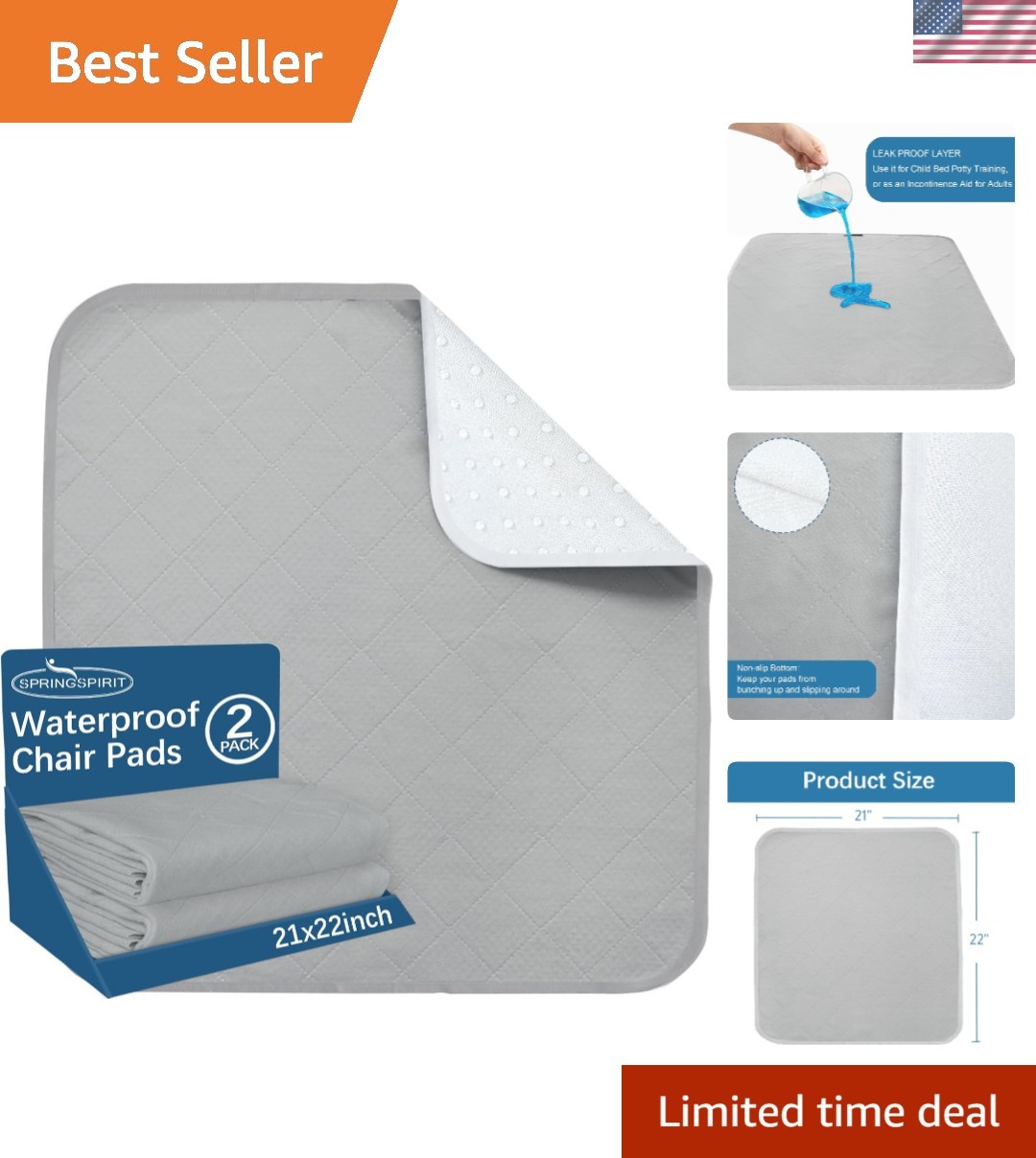Waterproof Chair Pads for Incontinence Washable 22” x 21”, 2 Pack Absorbent…