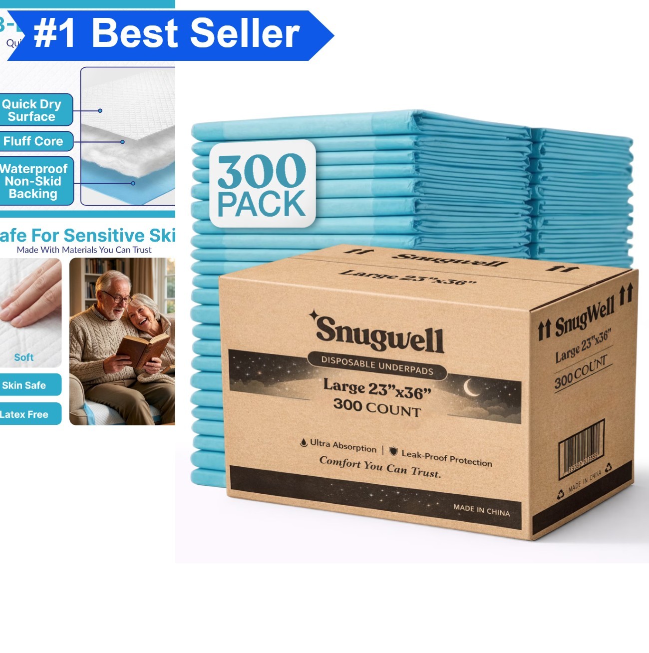 Underpads 23×36 Inch 300 Count Human-Grade Blue Disposable Bed Pads Incontinence