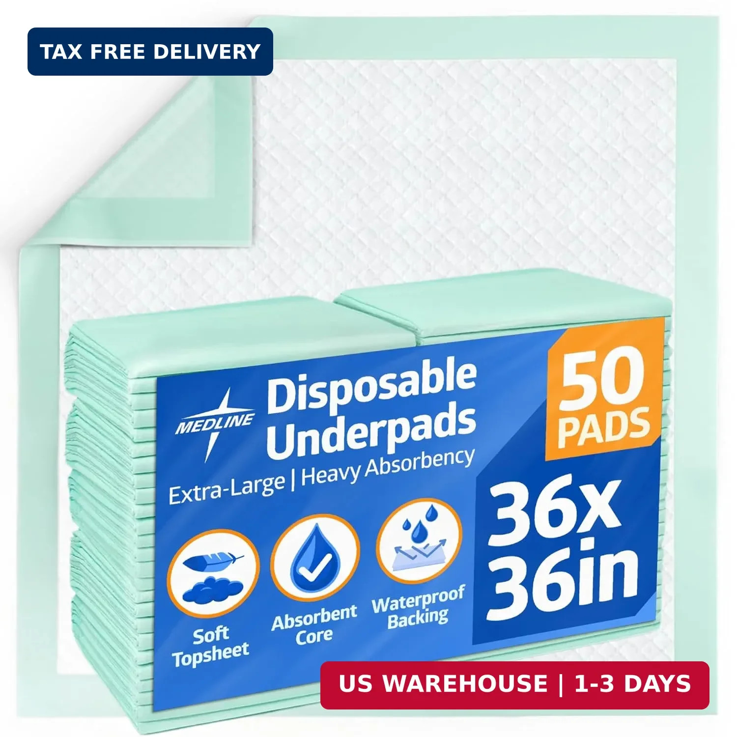 Medline Super Absorbent Underpad, 36″ x 36″, 50 Count, Extra Large Disposable In