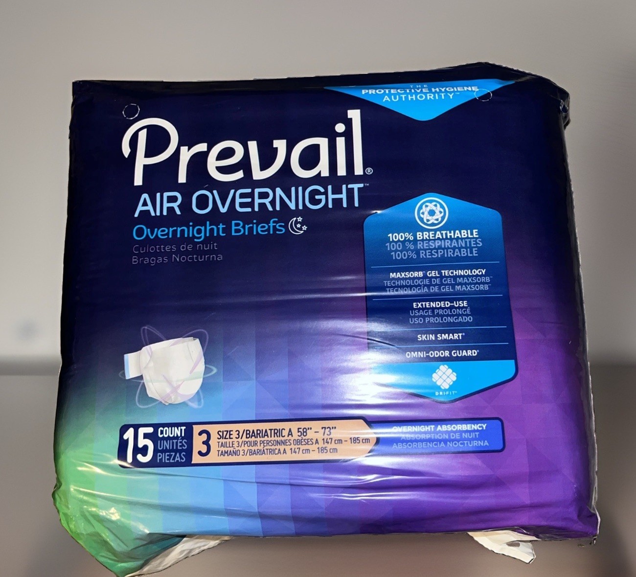 Prevail Air Overnight Adult Brief Unisex Size 3 5873″ Waist Heavy Absorb 15