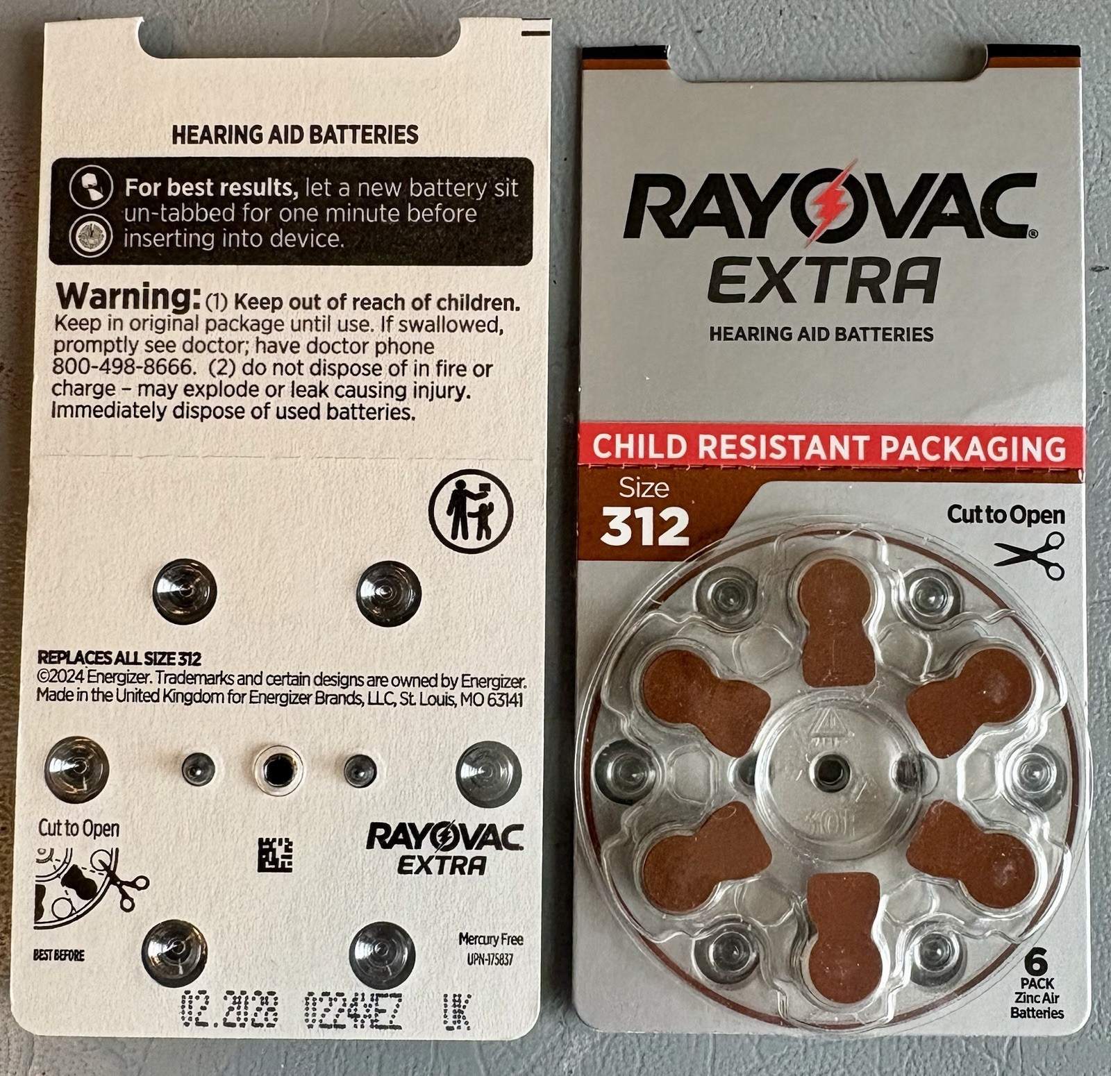 6 cells x 3 Rayovac Extra,8 cells X 9 Rexton Size 312 Zinc Air Mercury Free Batt
