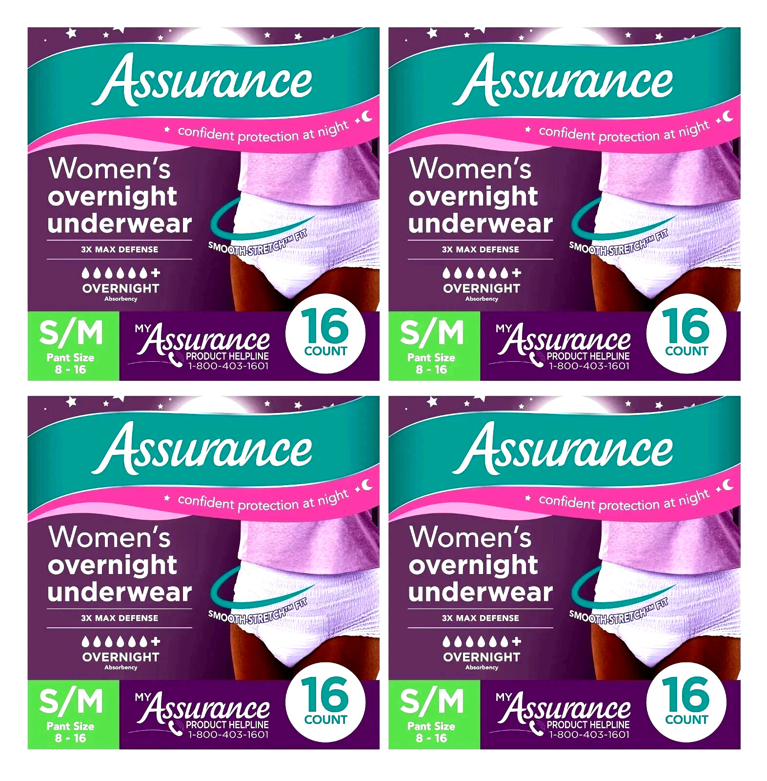 64 Ct Assurance Women Incontinence Underwear Overnight Absorbent S/M Pant 8-16