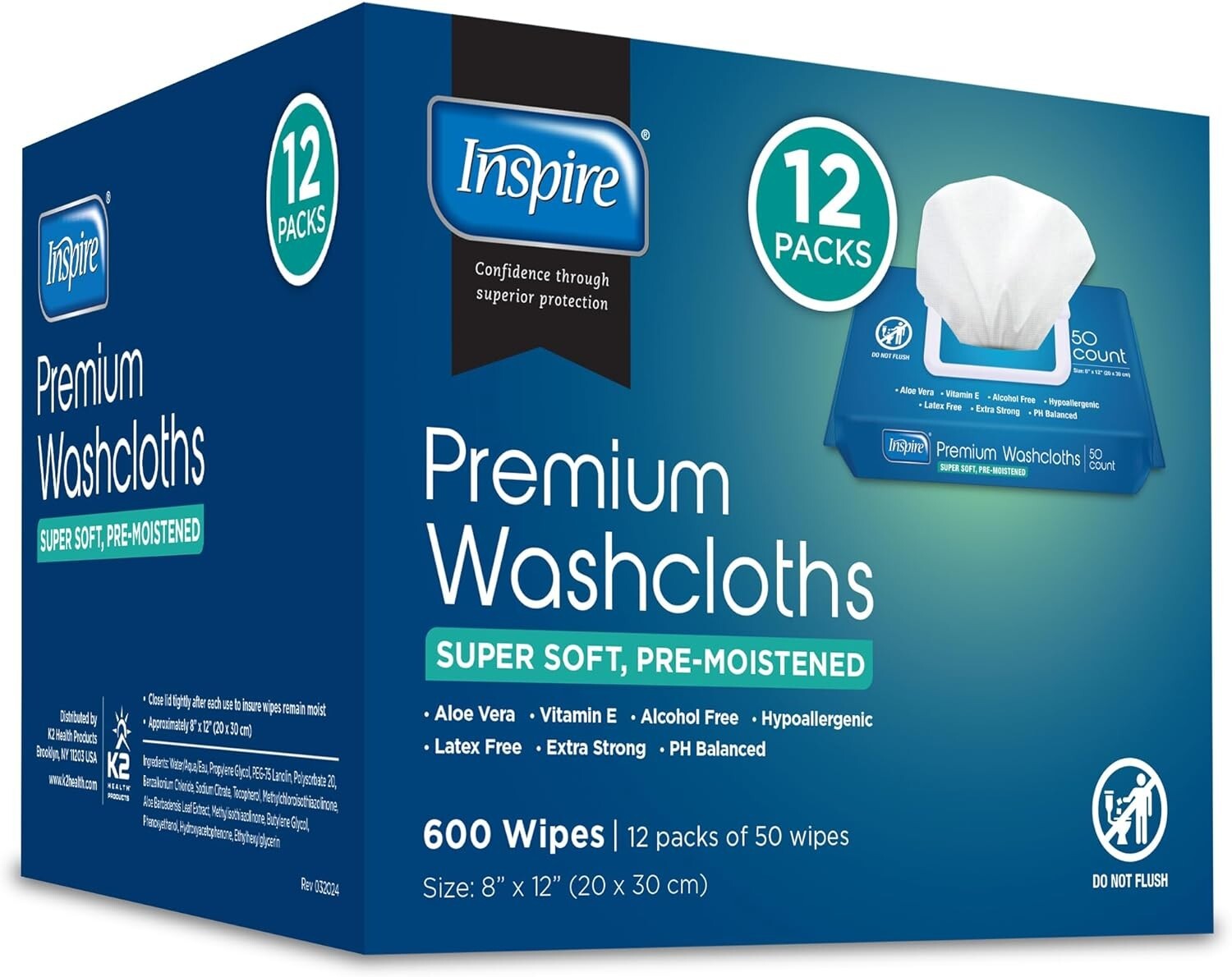 600-Count Adult Washcloths with Aloe Vera & Vitamin E – pH Balanced Cleansing