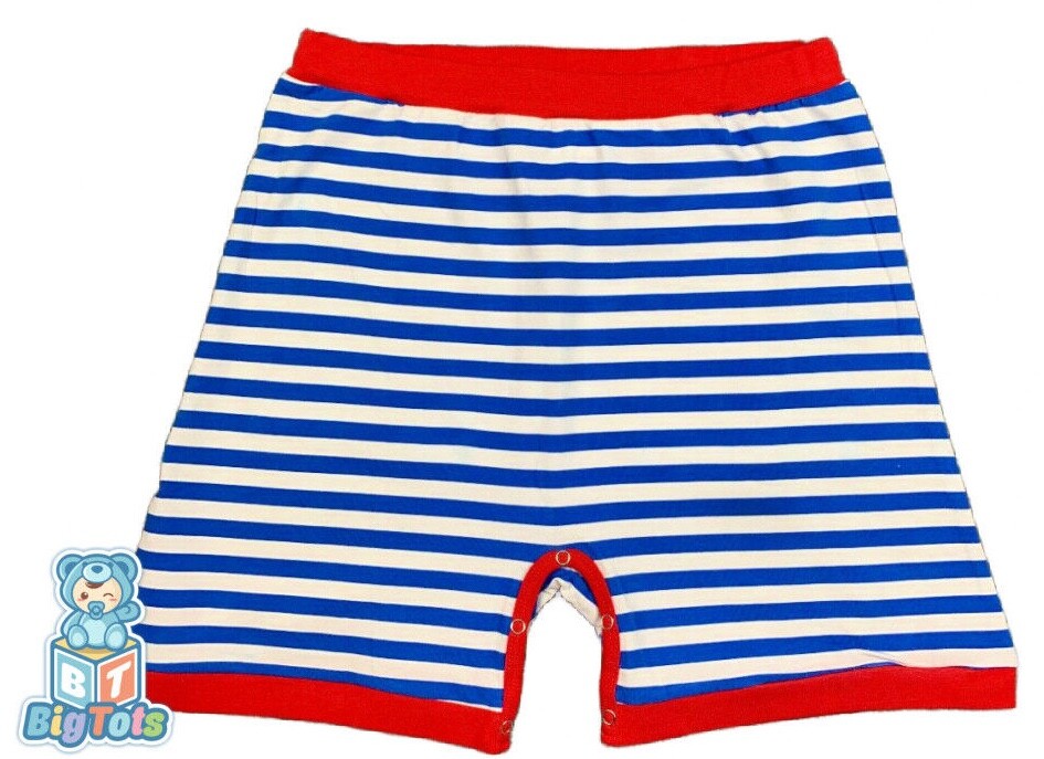 Adult snap crotch shorts Blue and White baby stripe pockets