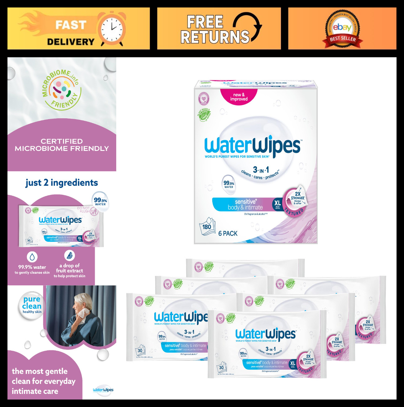 Sensitive Whole Body Cleansing Wipes – 99.9% Purified Water, XL Textured, Fragra
