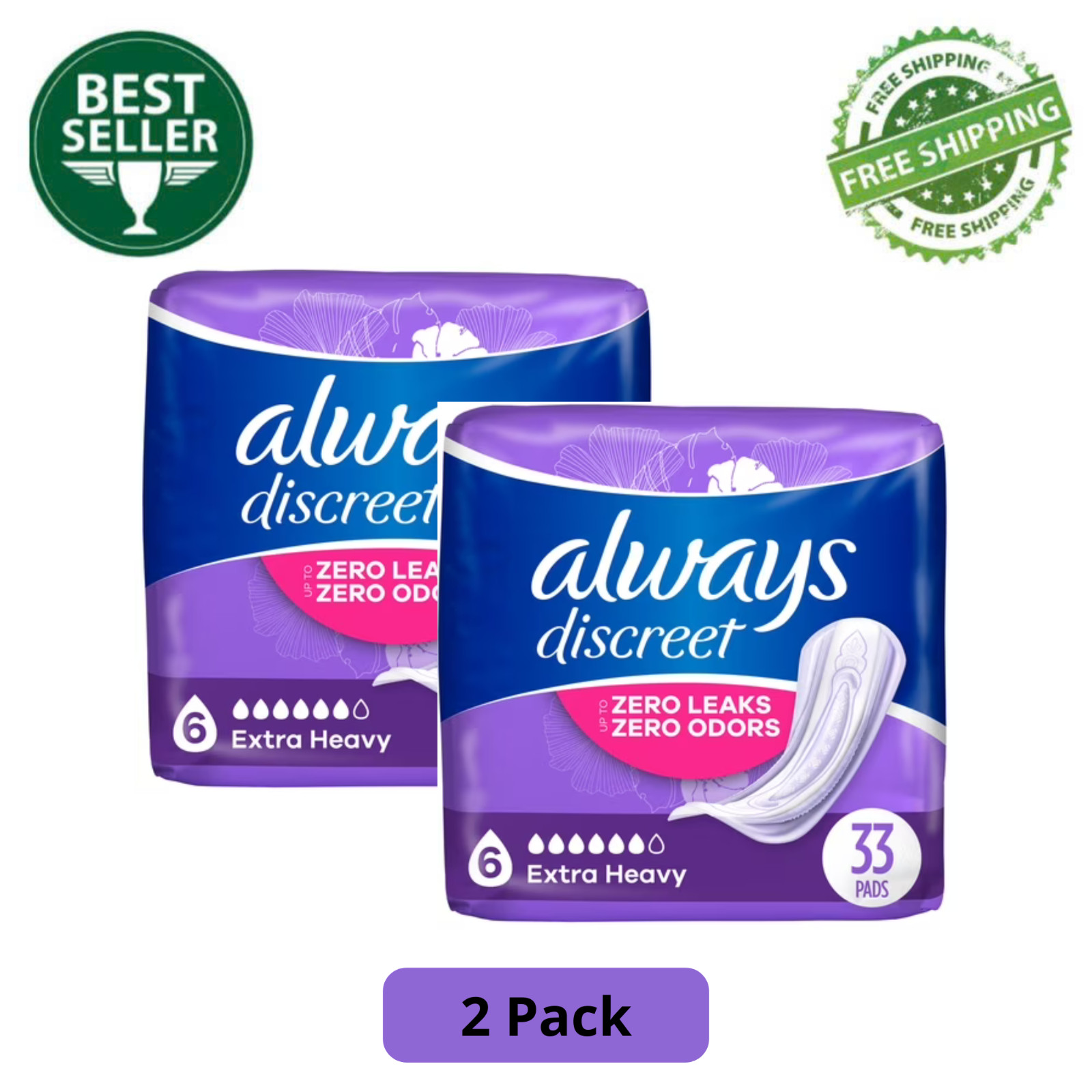 (2 Pack) Always Discreet Incontinence Pads Ultimate Regular Postpartum 33 Count