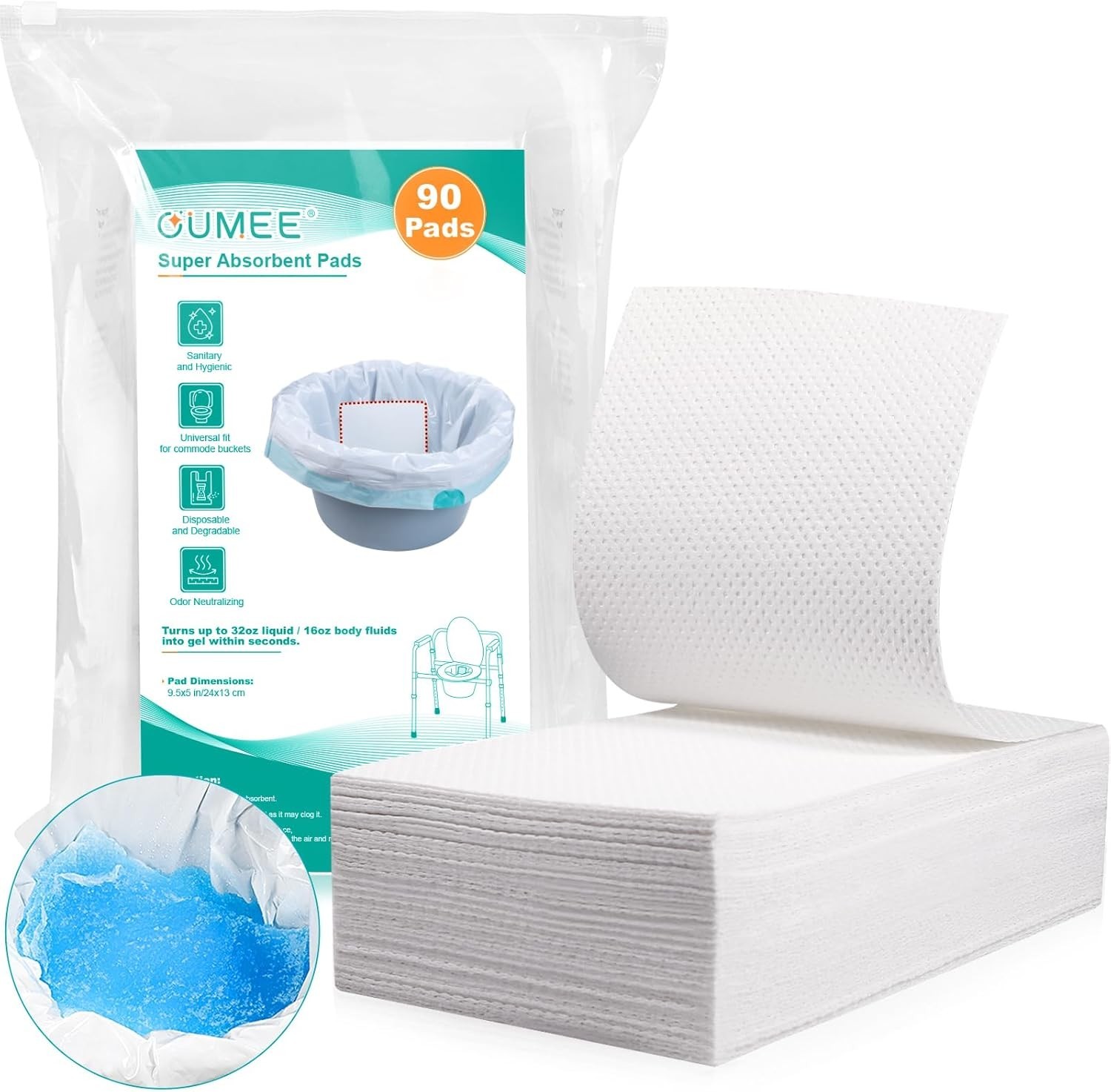 90 Count Absorbent Commode Pads for Bedside Commode Bucket, Commode Liners Pads