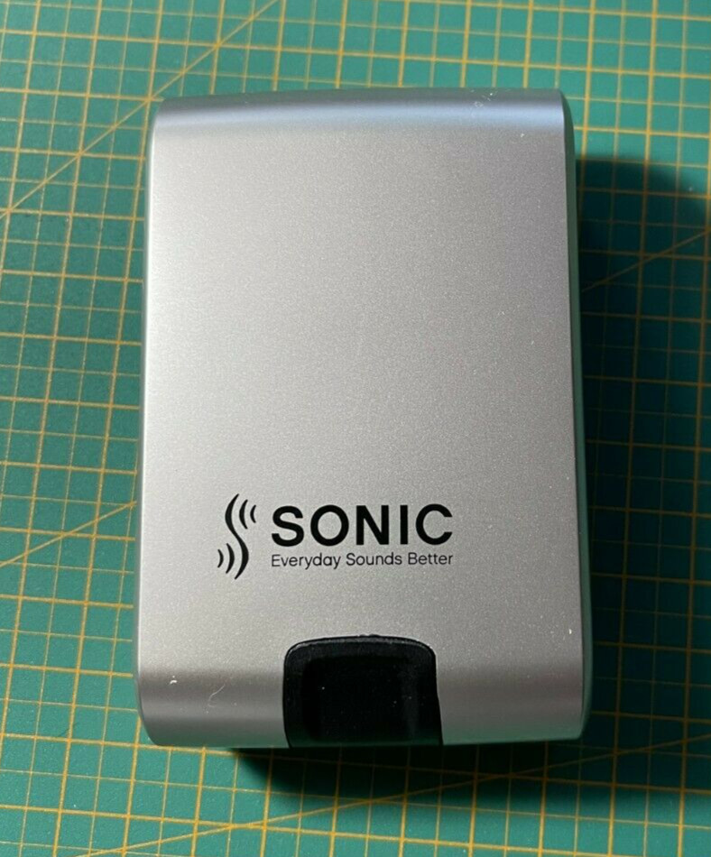 Hardcover Hearing Aid Case Sonic Push Button Spring Silver/Black 3.5″ x “2 x 1”
