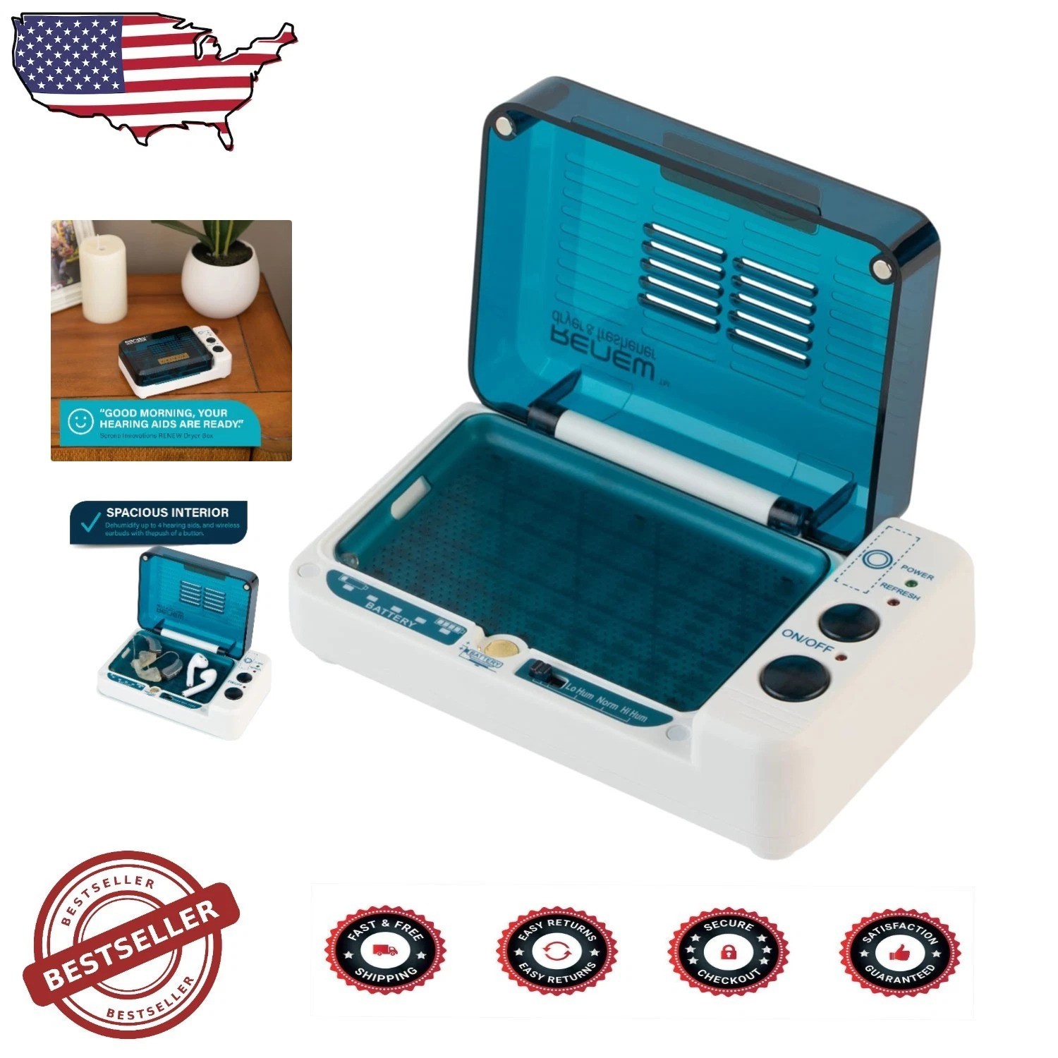 Hearing Aid Dryer Dehumidifier Box – Cochlear Implant Cleaner, 3 Cycles, Batt…