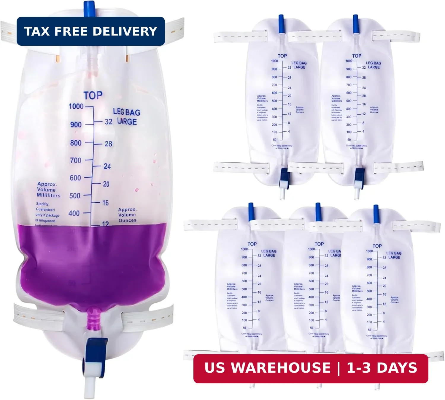 6-Pack 1000ml Catheter Leg Bags with Anti-Reflux Chamber, Easy Flip Drain | 32oz