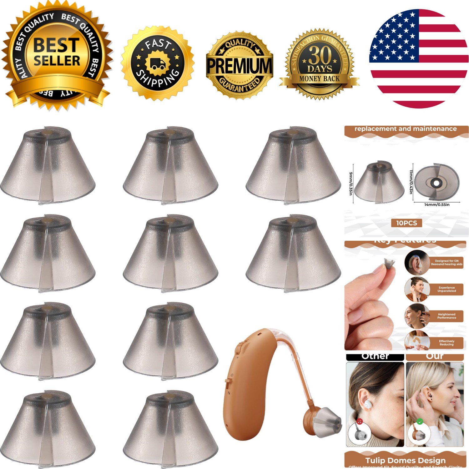Soft Silicone Hearing Aid Domes – 10 Pcs Dark Gray Tulip Design Tips