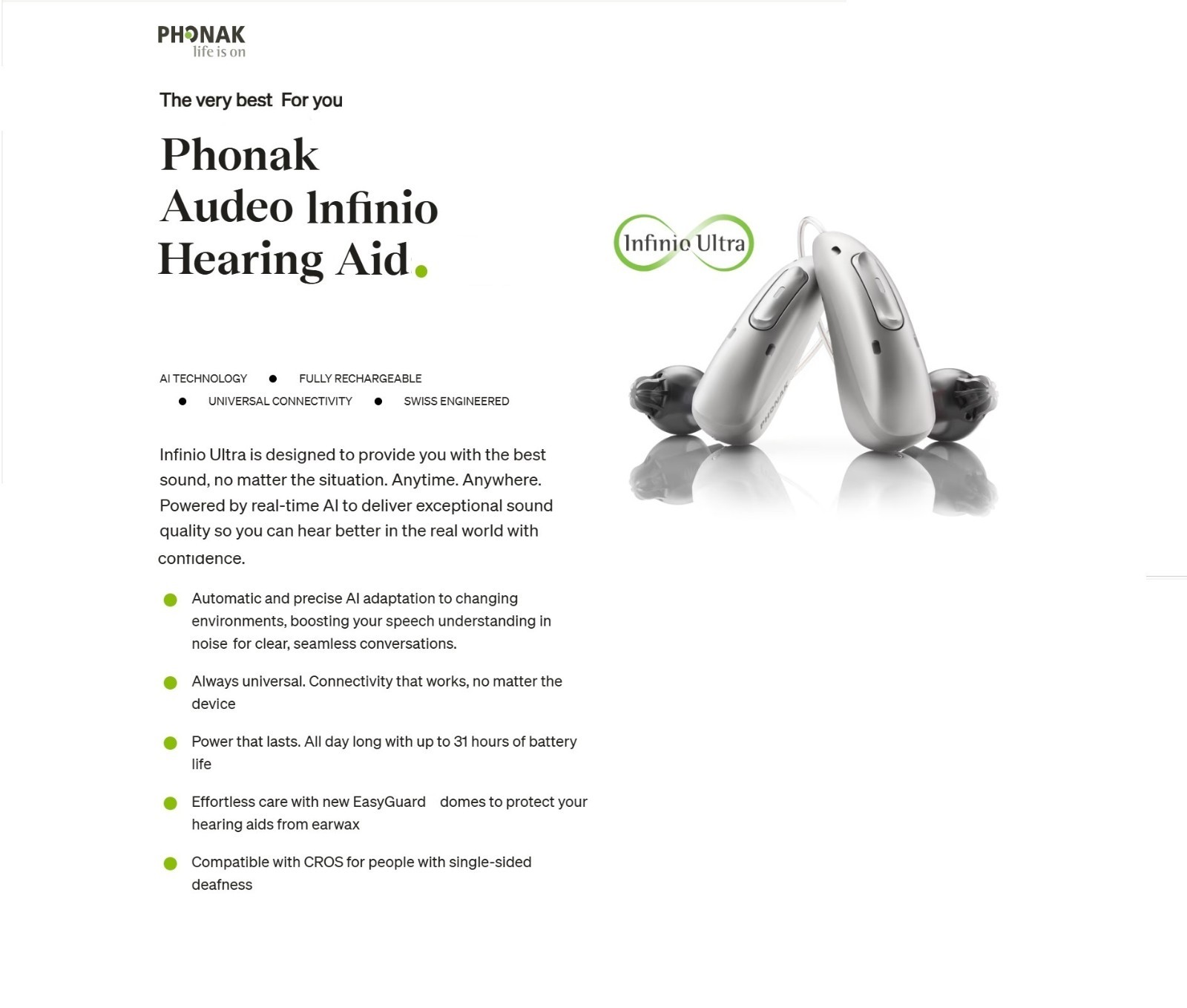 Infinio i30 Waterproof Hearing Aids + Phonak dryer + 2 chargers + Pocket Remote