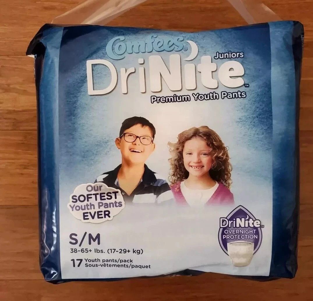 Comfees DriNite Juniors Premium Youth Diapers S/M 38-65+ lbs. 17 per pack