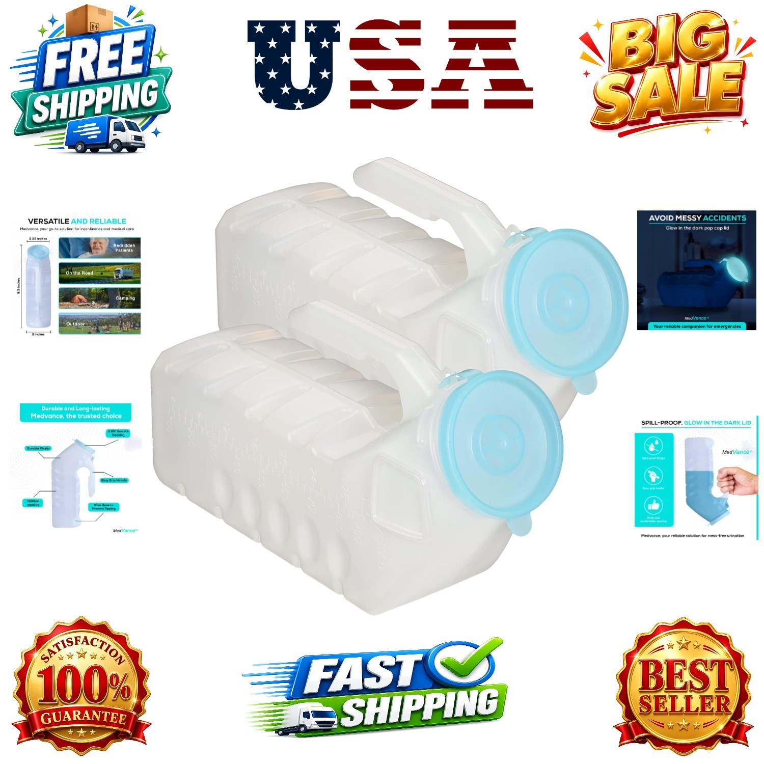 1000ml Portable Urinals for Men, 2 Pack – Spill Proof Men’s Urinal Bottle w/G…