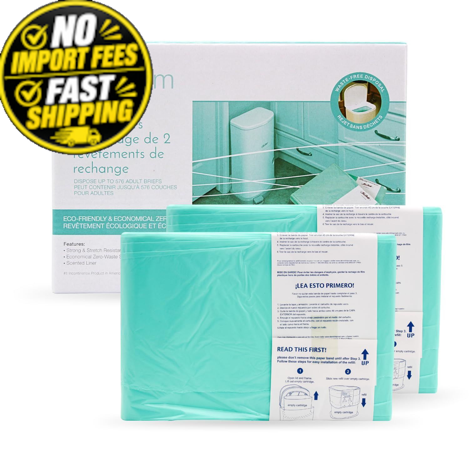 Janibell Akord Slim Adult Diaper Pail Refill Liners, 2 Count – Fits 7 gallon