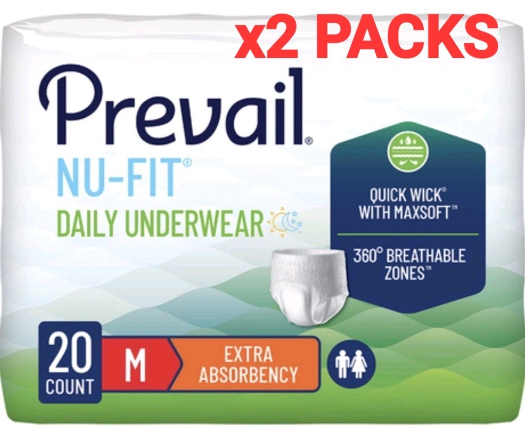 2 PACKS of Prevail Nu-Fit Daily Underwear Medium/Extra Absorbency, 40 ct Total
