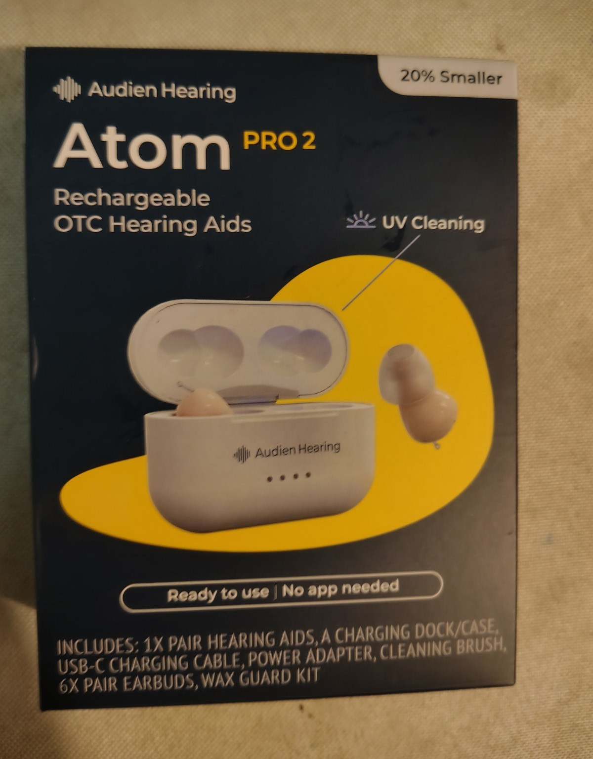 Audien Hearing Atom Pro 2 CIC Hearing Aids Beige Rechargeable UV w/ Case