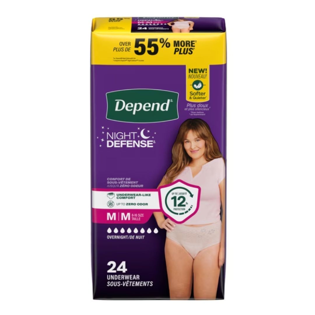 Depend Night Defense Incontinence Underwear for Women, Adult Diapers, M, 24 Ct