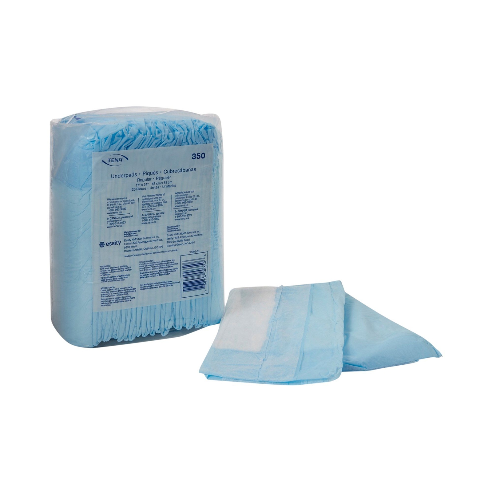 TENA Regular Underpads, Light Absorbency, Blue, Disposable, Latex-Free (CS/12)