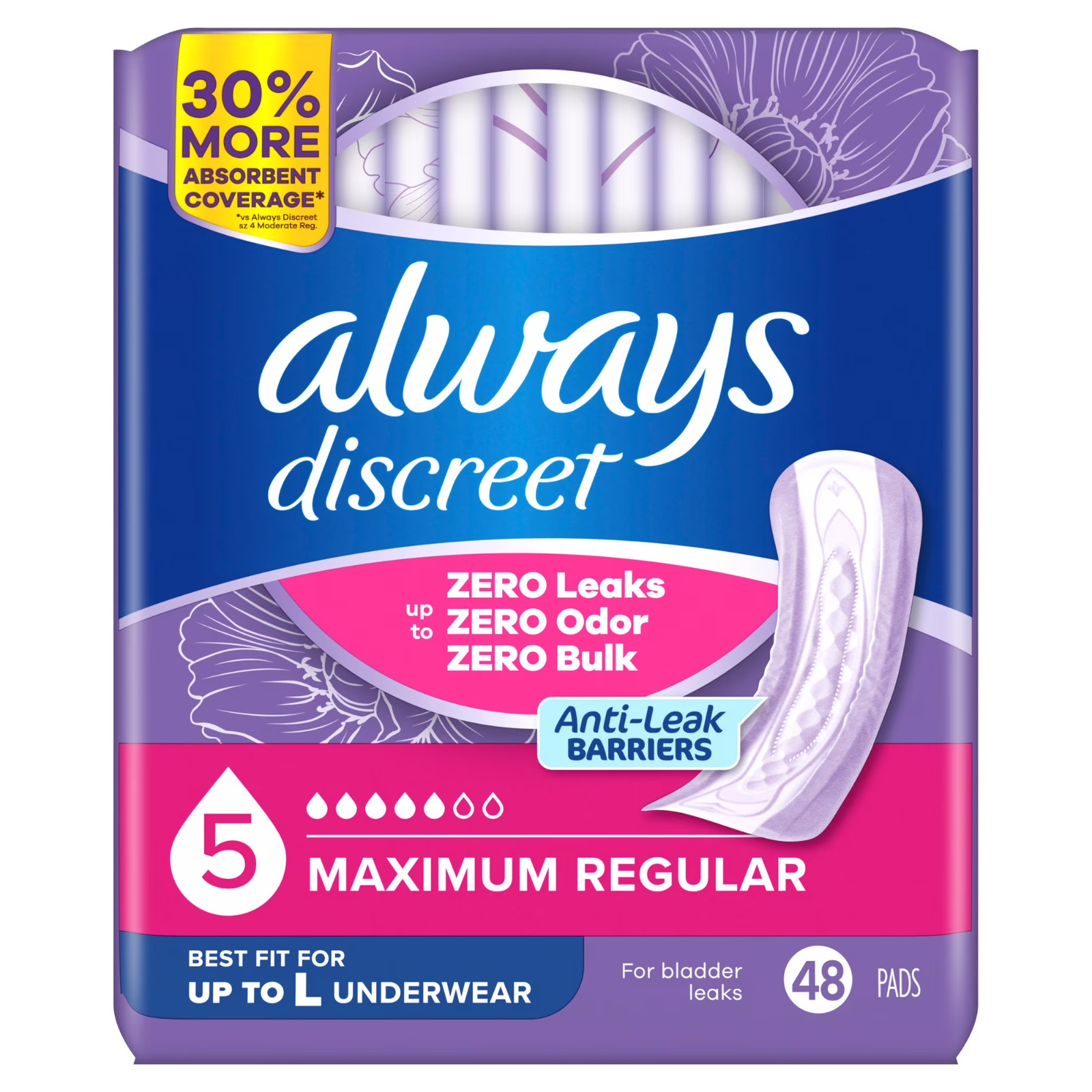 Always Discreet Pads, Maximum Absorbency, Regular 48 Count Size 5