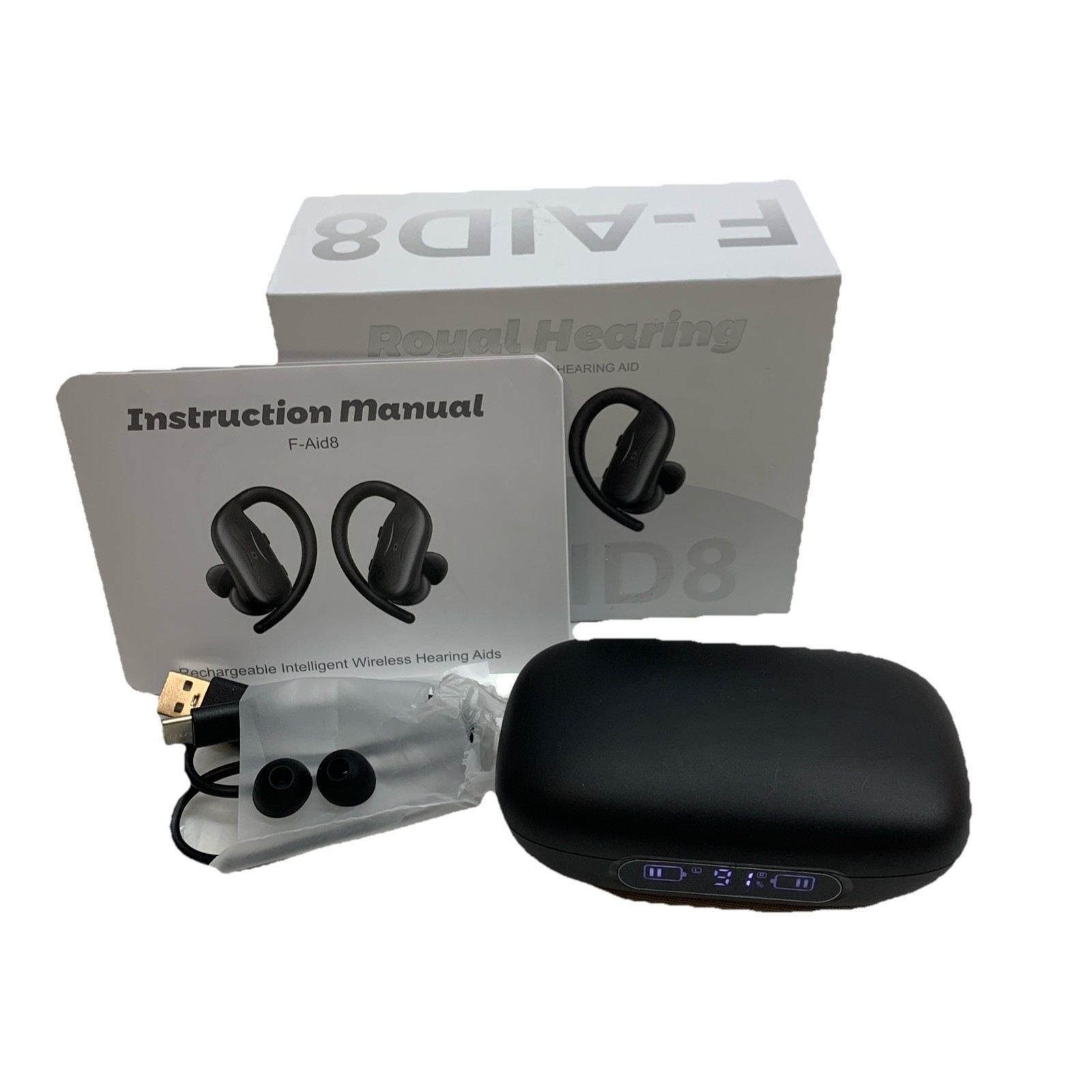 F-Aid8 Bluetooth Hearing Aids Black for Seniors Rechargeable Hearing Aid Earbuds