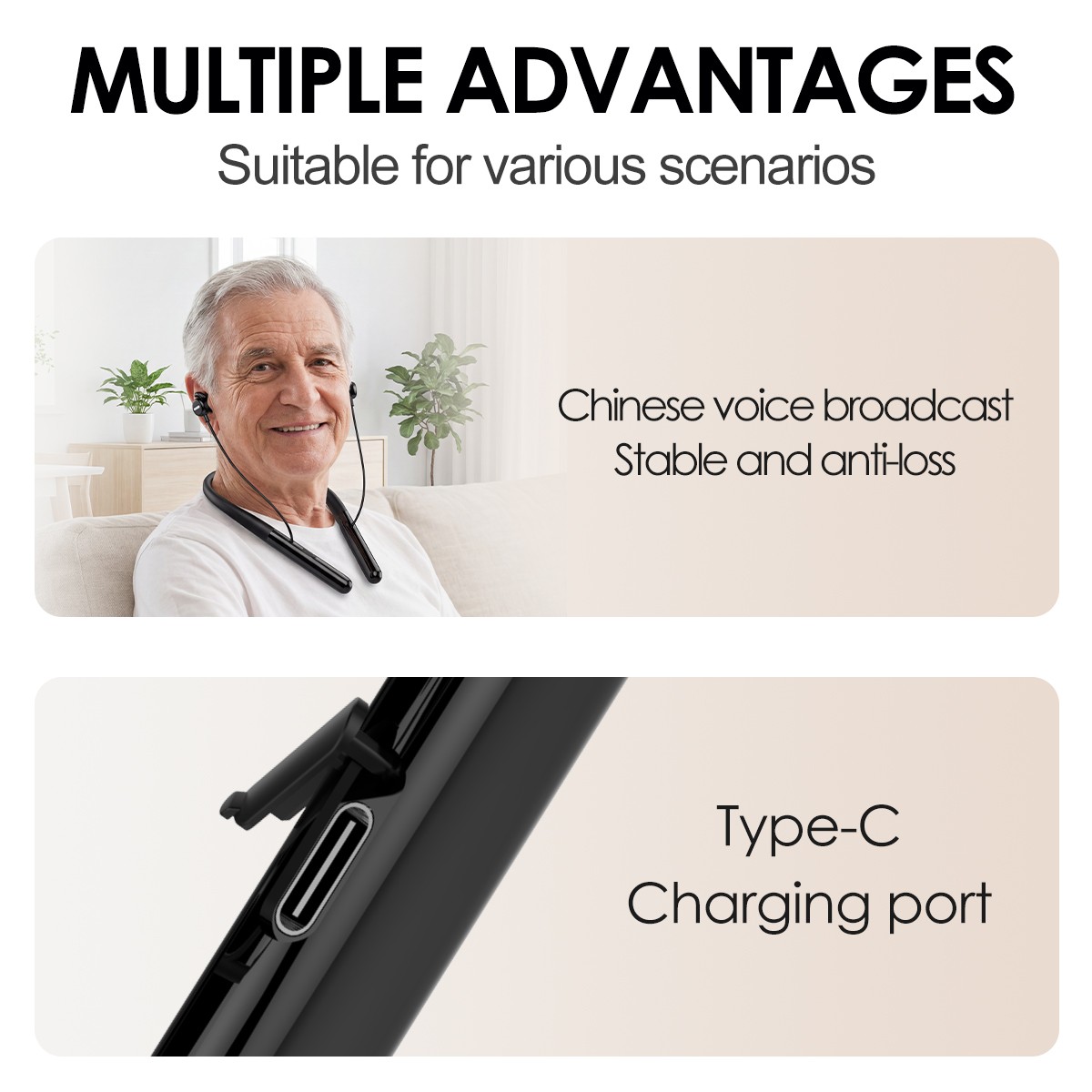 Neckband Hearing Amplifier with Bluetooth 2-in-1 for Seniors 8 Volume Levels 40H