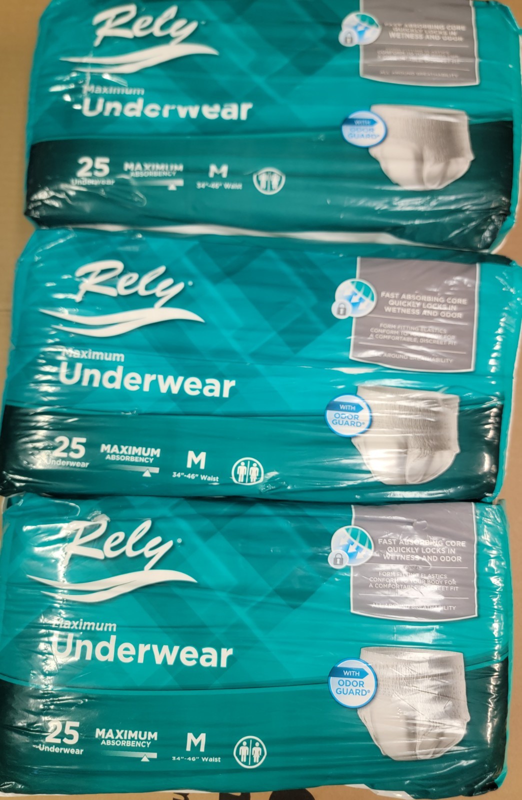 Rely Adult Diapers Medium Adult 34″-46″ Pull up Underwear 25 Ct per pk, lot of 3