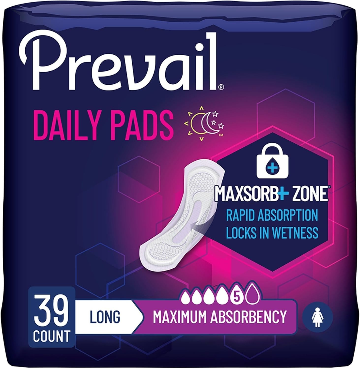 Prevail Incontinence Pads for Women, 5 Drop, Maximum Absorbency, Long