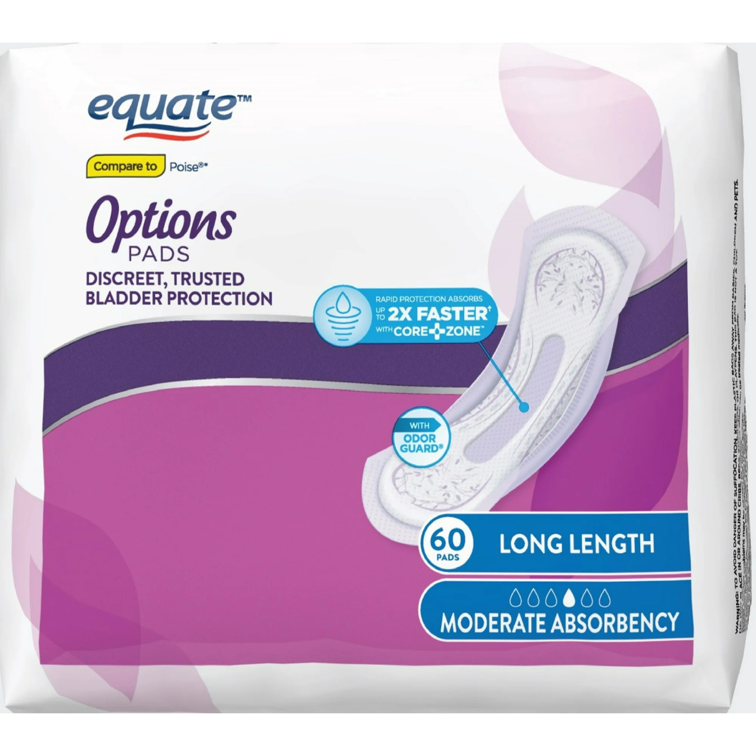 Equate Options Women’s Incontinence Pads, Leak Protection, Long Length, 60 Count