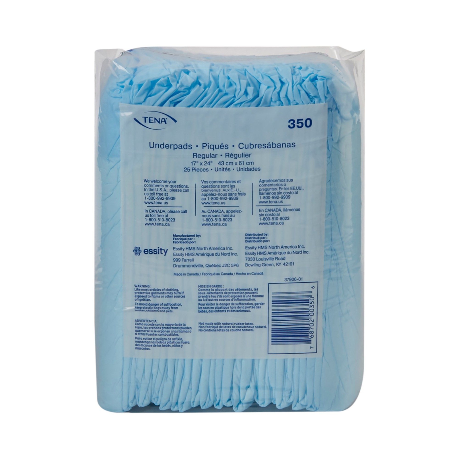TENA Regular Underpads, Light Absorbency, Blue, Disposable, Latex-Free (CS/12)