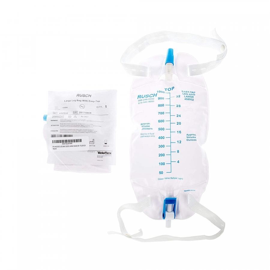 Teleflex Easy Tap Urinary Leg Bag 950 mL Vinyl Anti-Reflux Valve Sterile 48 Ct.