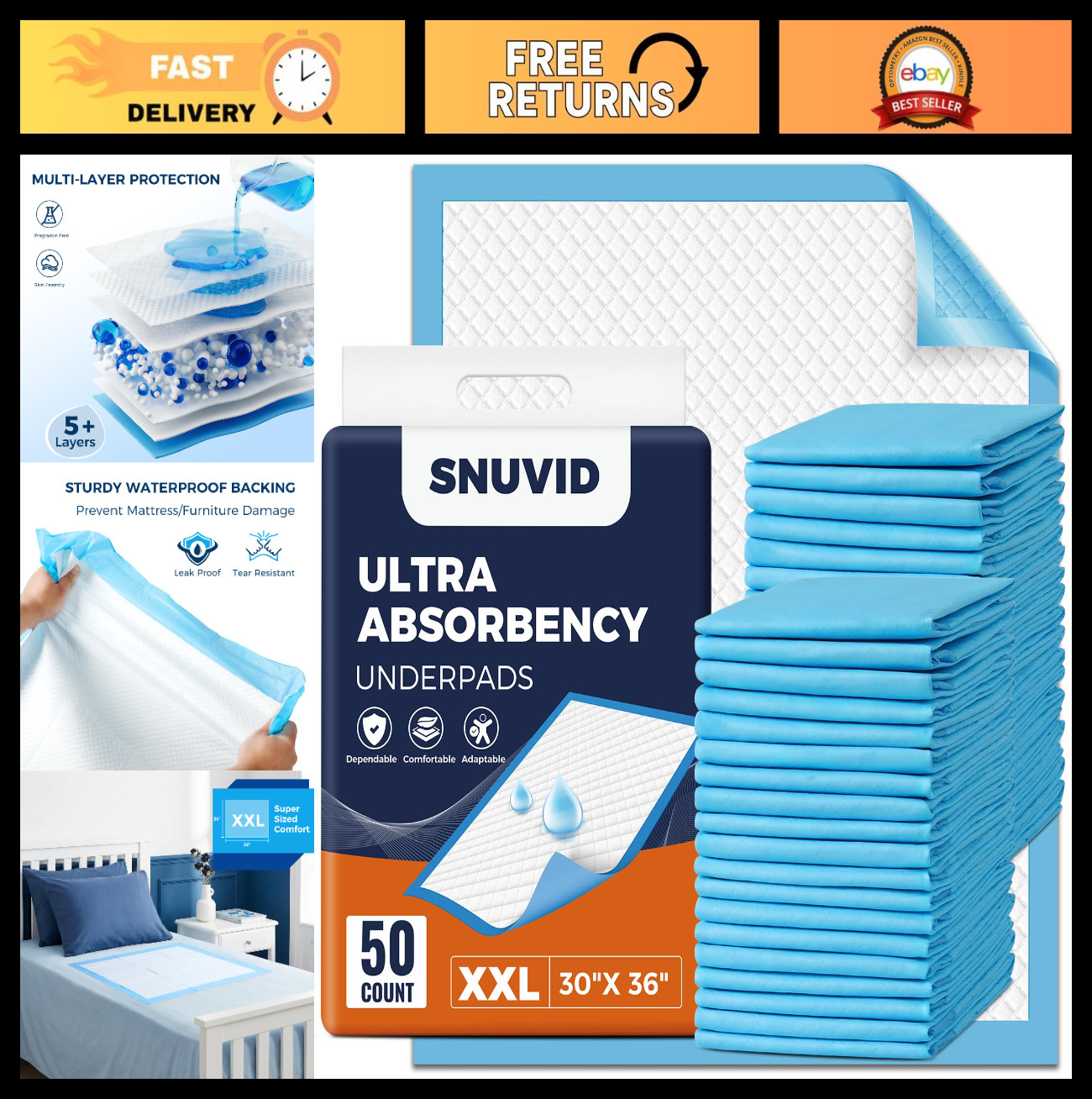 50 Pack Ultra Thick Disposable Bed Pads 30″x36″ – Super Absorbent Leakproof Unde