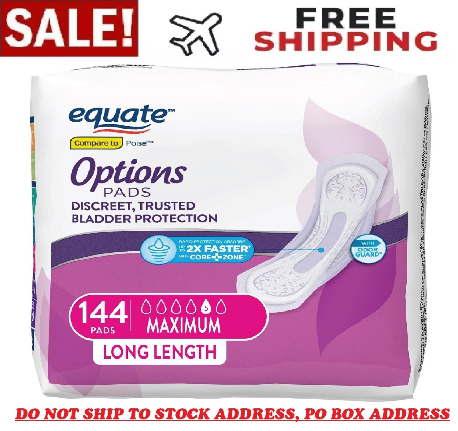 Equate Options Incontinence Pads for Women, Maximum, Long, 90/144 Count New