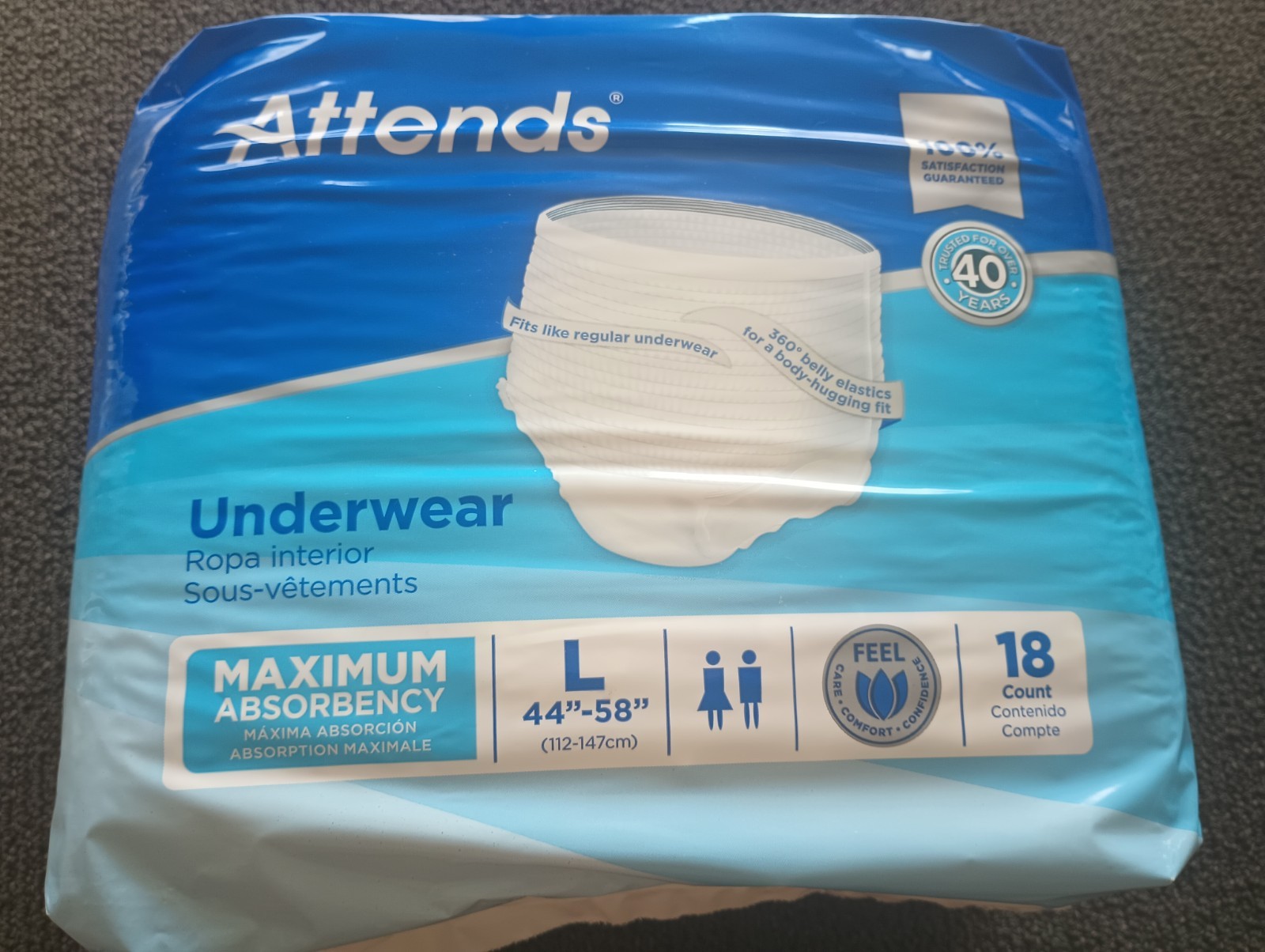 ATTENDS ADULT UNDERWEAR/DIAPERS SIZE LARGE 44″-58″/MAX. ABSORBENCY 18 COUNT x 2