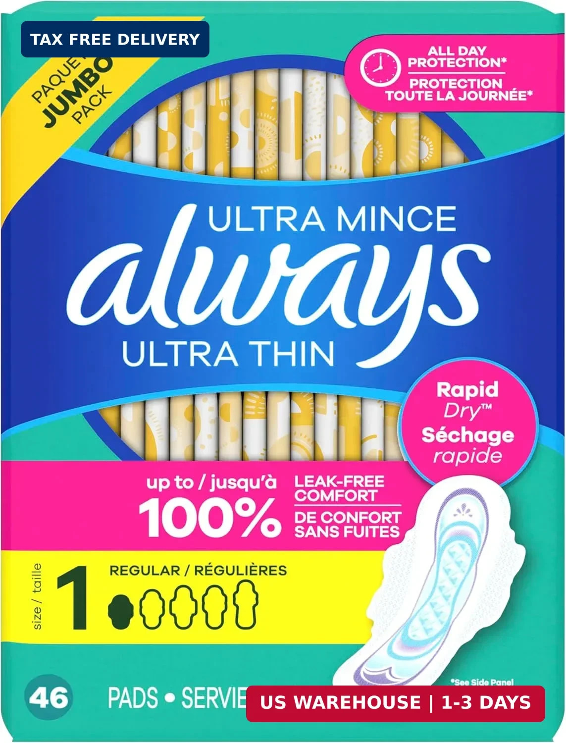 Always Ultra Thin Feminine Pads with Wings for Women, Size 1, Regular Absorbency