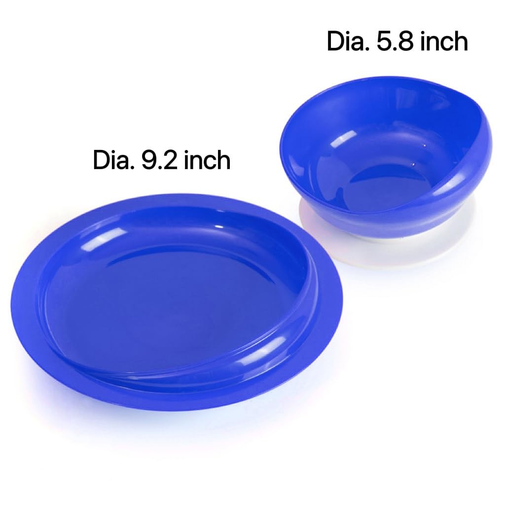 Spill Proof Scoop Bowl and Plate with Non Skid Suction Base Adaptive Blue