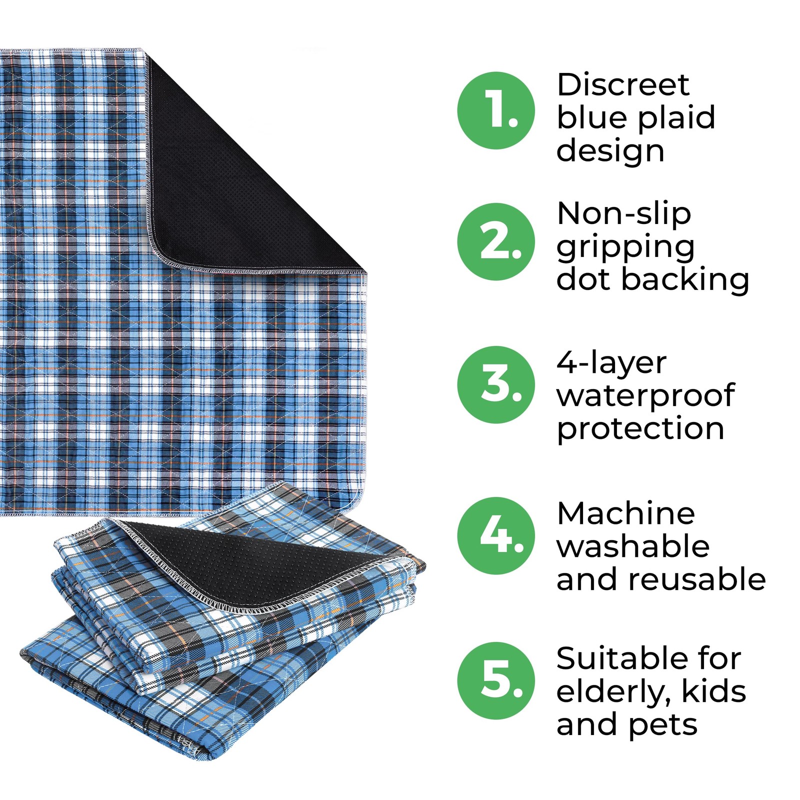 Bed Pads Washable Waterproof, Incontinence 2 Pack – 36″X34″, Blue Plaid
