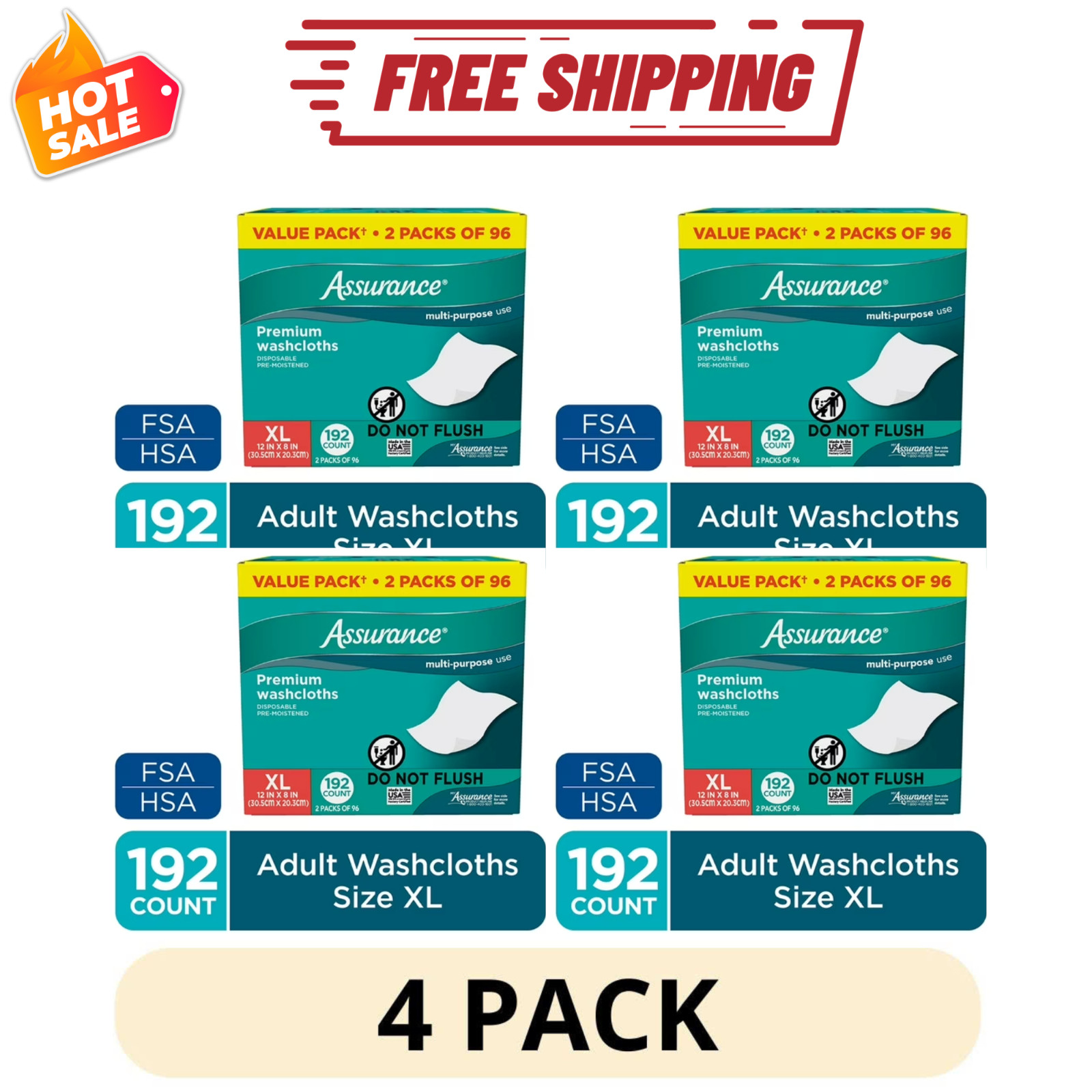 4Pack Assurance Premium Disposable Washcloth Wipes XL 192 Count Adult Wipes
