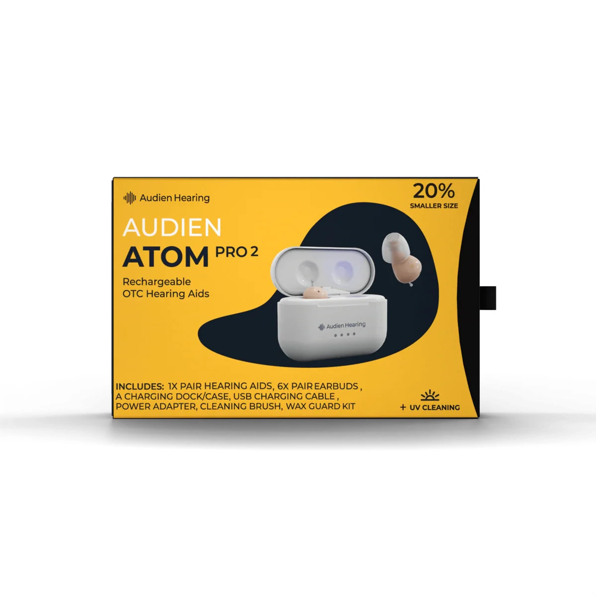 Audien ATOM PRO 2 Wireless Rechargeable OTC Hearing Aid, Premium + UV Cleaning
