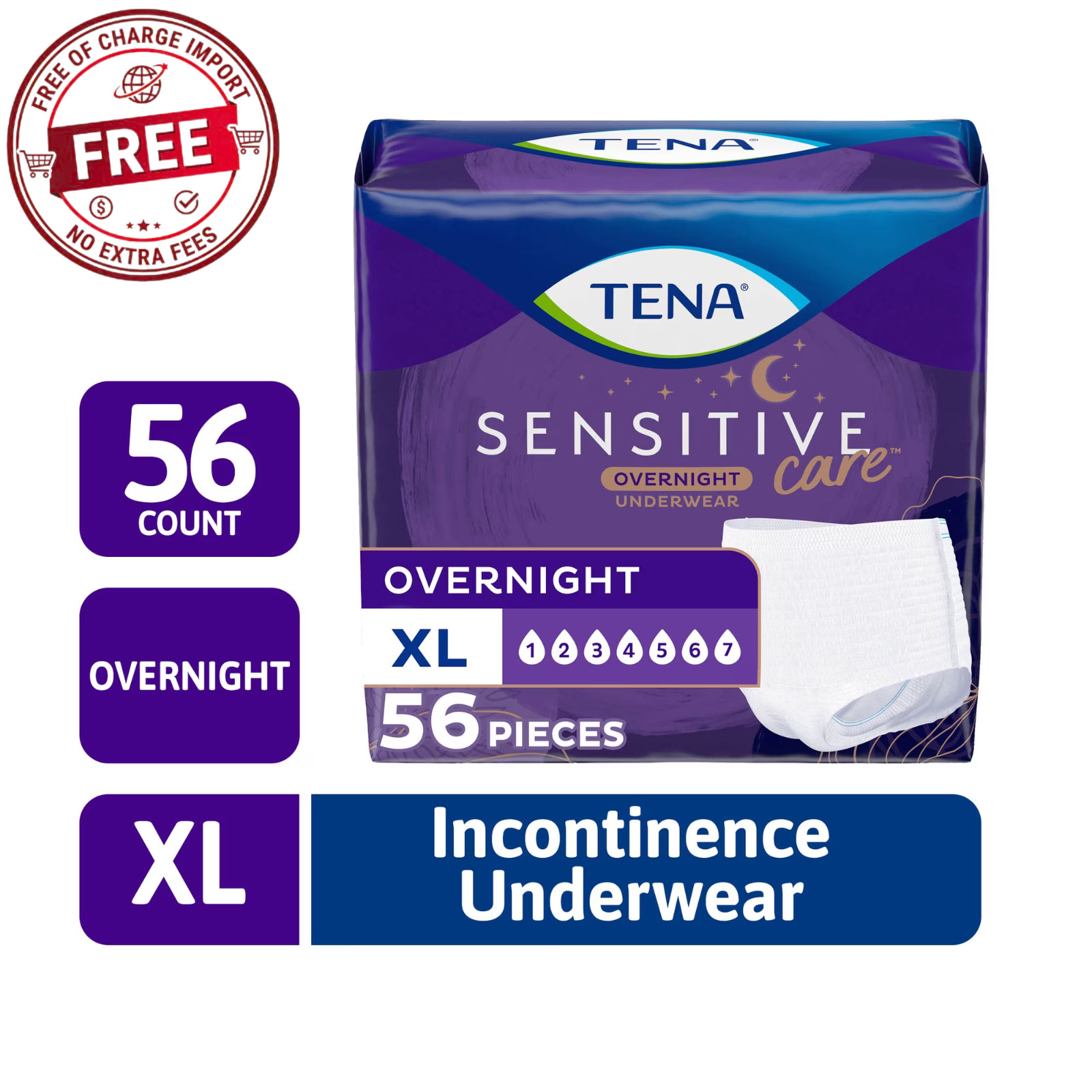 TENA Sensitive Care Overnight Underwear, XL, 56 Count (Waist Size 39in-52in)