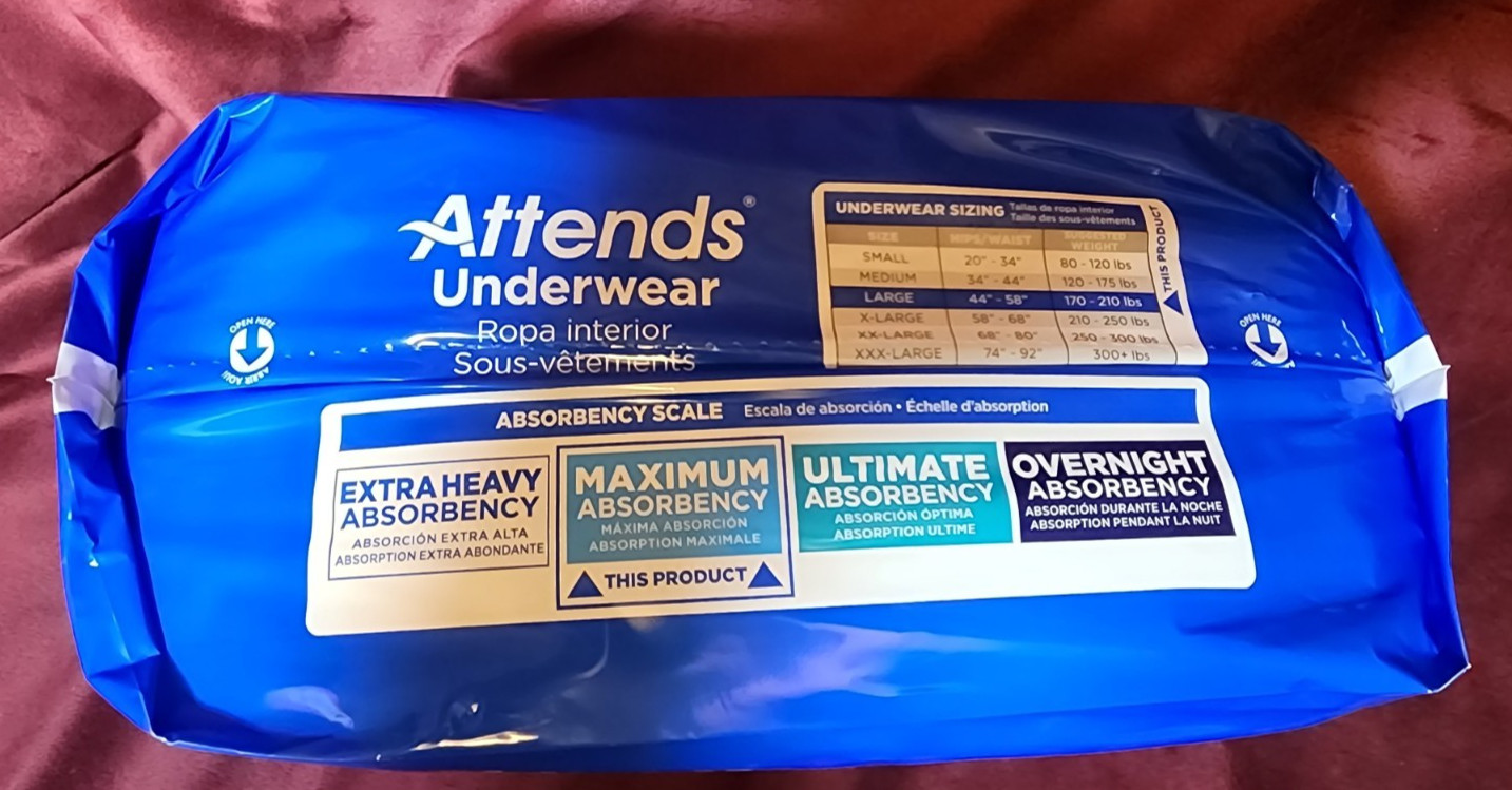 ATTENDS Adult Underwear Diapers Pull Ups LARGE 44″-58″ – 18 Ct Heavy Absorbency