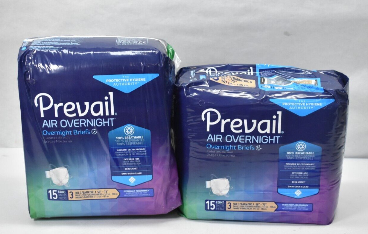 Lot of 2 Prevail Air Overnight Incontinence Briefs Size 3 58″-73″ 15/Pack