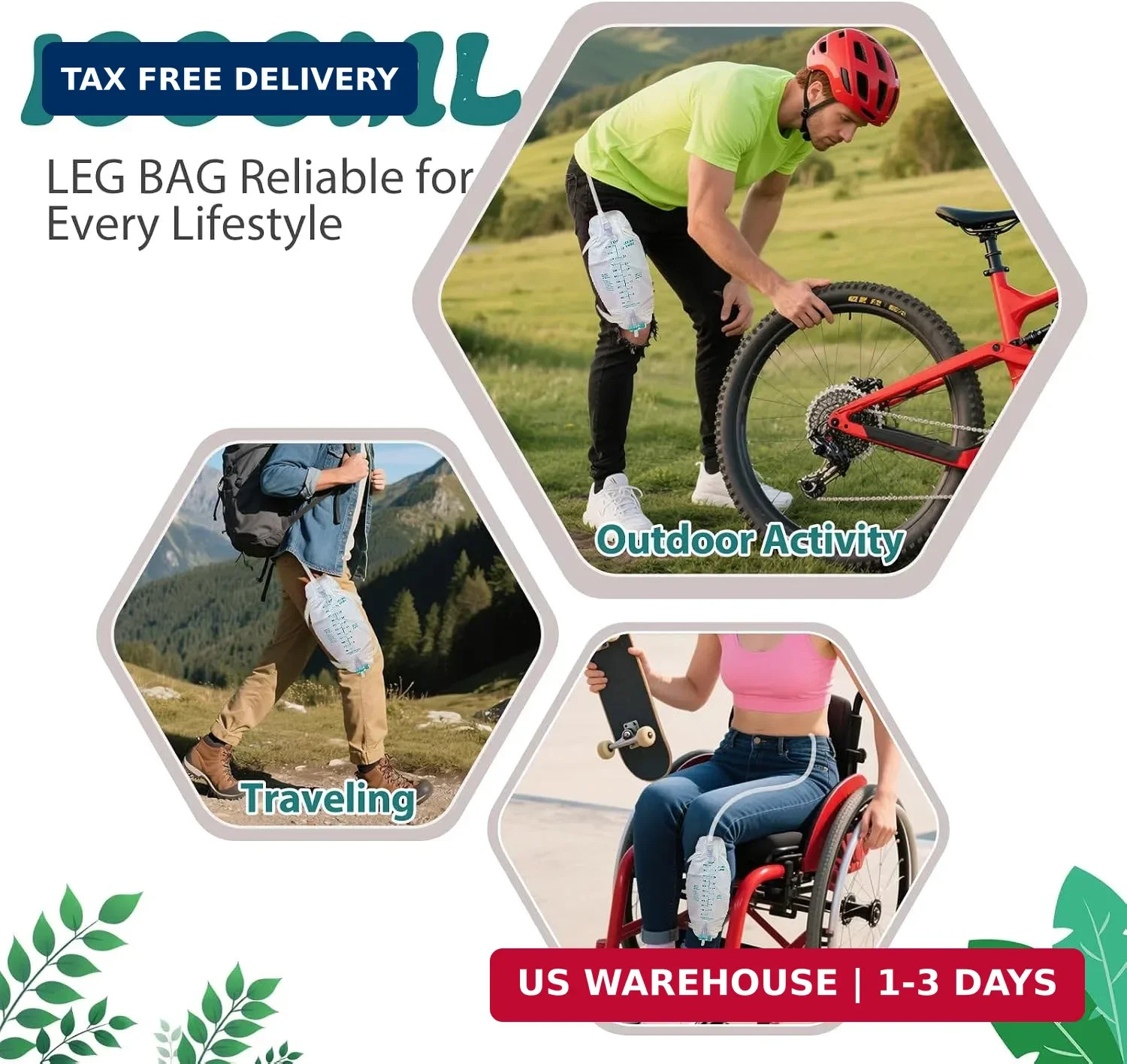 5-Pack 1000ml Leg Bag Urinary Drainage Bags with Adjustable Straps, Leak-Resista