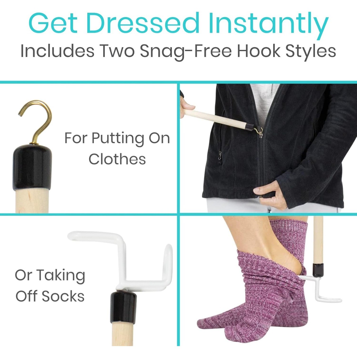 27” Dressing Stick for Elderly, with Zipper Pants Puller & Sock Remover Tool