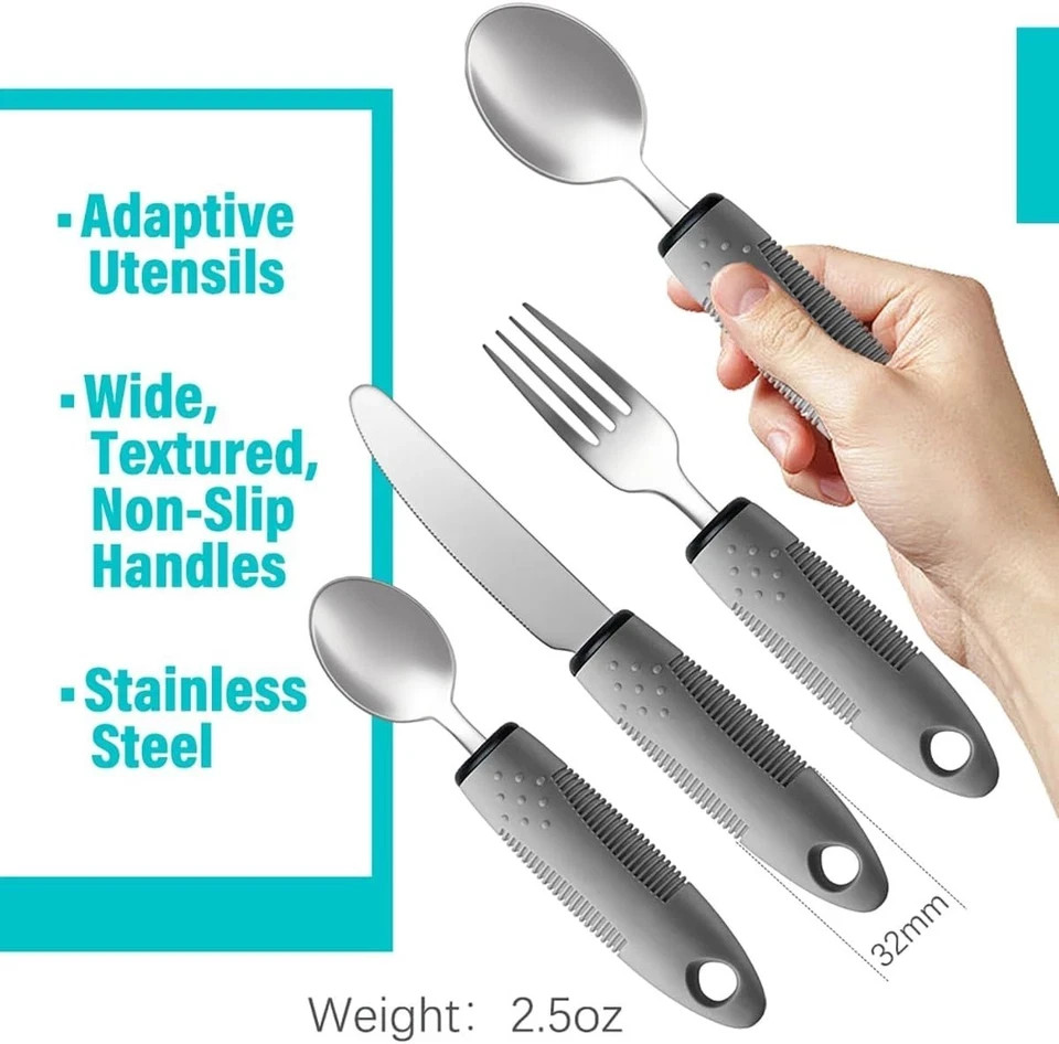 .Adaptive Utensils Set 4PCS Elderly Arthritis Tremor Easy Grip Cutlery Grey